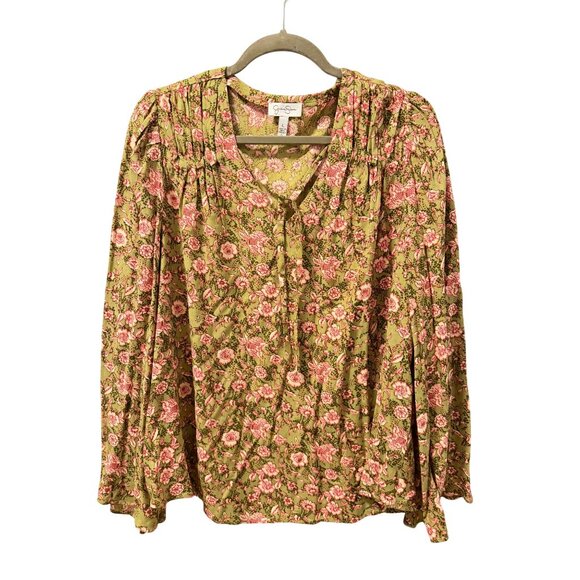 Jessica Simpson Olive Green Floral Boho Blouse With Tie Neck Sz L - Picture 3 of 11